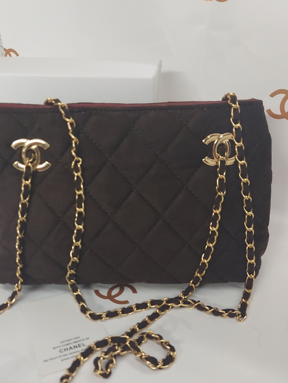 Rich Chocolate Brown Suede Shoulder Bag with Gold Chain Strap GWP